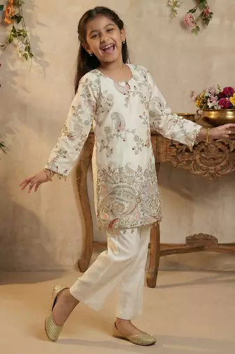 Girl's silk traditional motiff designer kurta pant set
