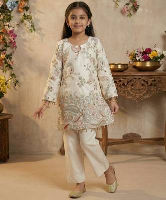 Girl's silk traditional motiff designer kurta pant set 3