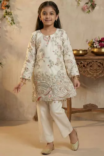 Girl's silk traditional motiff designer kurta pant set