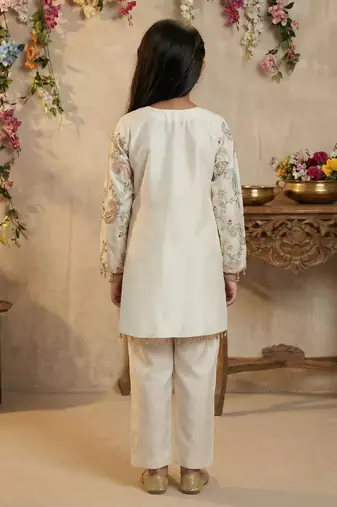 Girl's silk traditional motiff designer kurta pant set