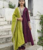Girl's art silk embroidered anarkali kurta pant with dupatta set