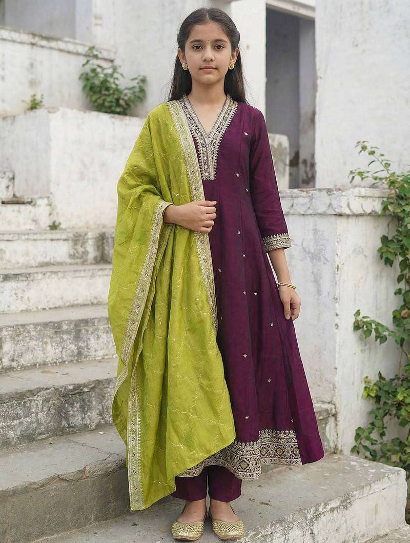 Girl's art silk embroidered anarkali kurta pant with dupatta set