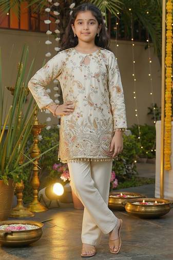 Girl's silk traditional motiff designer kurta pant set