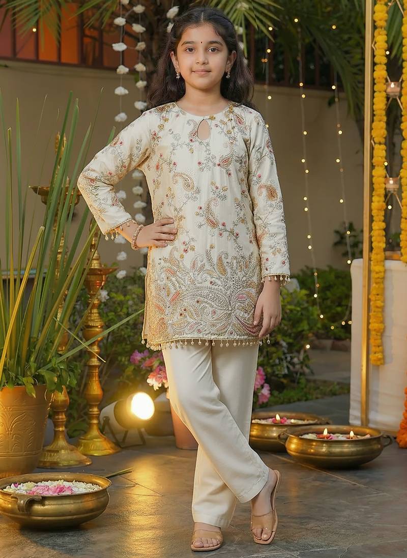 Girl's silk traditional motiff designer kurta pant set