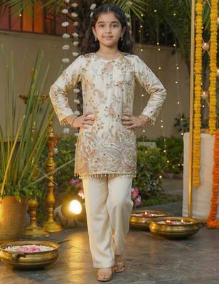 Girl's silk traditional motiff designer kurta pant set 2
