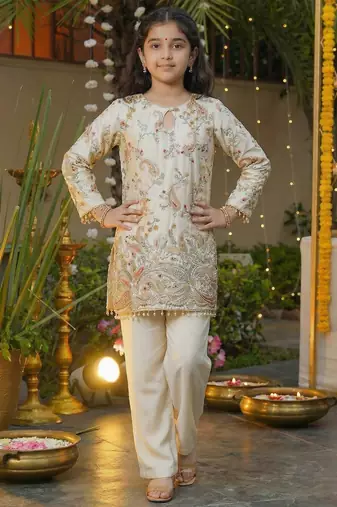 Girl's silk traditional motiff designer kurta pant set