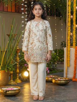 Girl's silk traditional motiff designer kurta pant set 3
