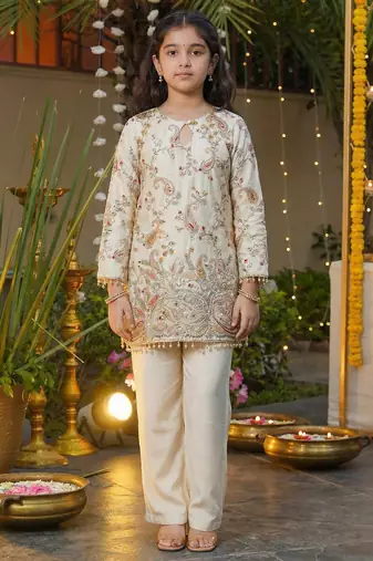 Girl's silk traditional motiff designer kurta pant set