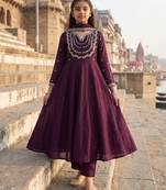 Girl's vichitra silk sequins embroidered anarkali kurta pant with dupatta set