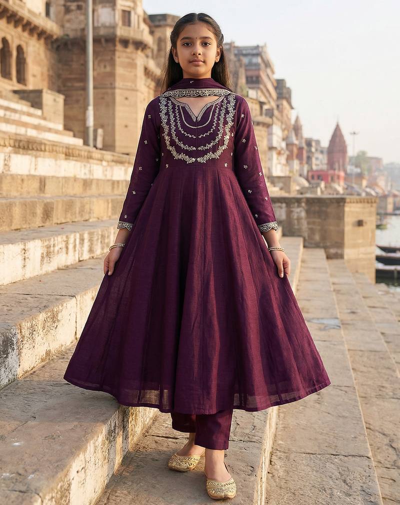 Girl's vichitra silk sequins embroidered anarkali kurta pant with dupatta set