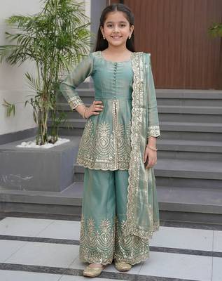Girl's shimmer silk sequins embroidered pakistani kurta palazzo with dupatta set 1