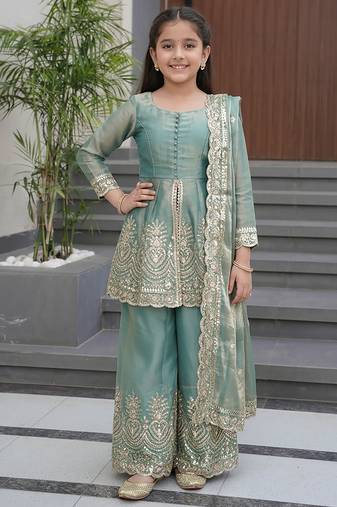 Girl's shimmer silk sequins embroidered pakistani kurta palazzo with dupatta set