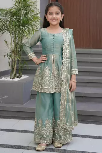 Girl's shimmer silk sequins embroidered pakistani kurta palazzo with dupatta set