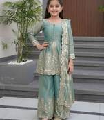 Girl's shimmer silk sequins embroidered pakistani kurta palazzo with dupatta set