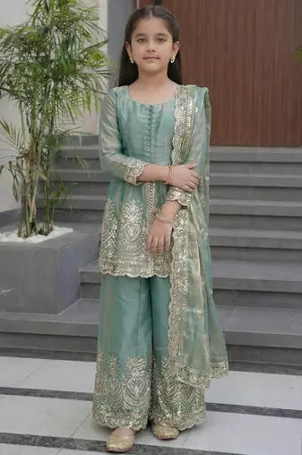 Girl's shimmer silk sequins embroidered pakistani kurta palazzo with dupatta set