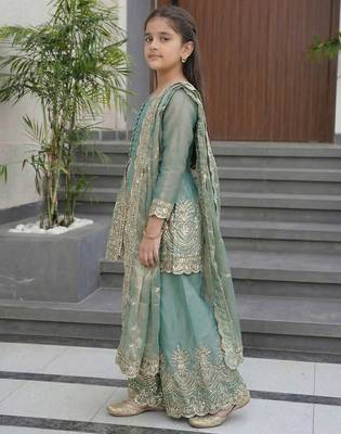 Girl's shimmer silk sequins embroidered pakistani kurta palazzo with dupatta set 3