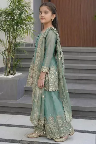 Girl's shimmer silk sequins embroidered pakistani kurta palazzo with dupatta set