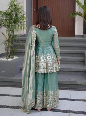 Girl's shimmer silk sequins embroidered pakistani kurta palazzo with dupatta set 4