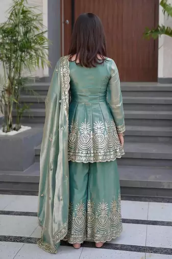 Girl's shimmer silk sequins embroidered pakistani kurta palazzo with dupatta set