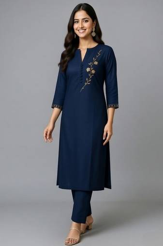 Navy embroidered rayon kurta set
