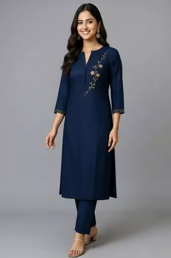 Navy embroidered rayon kurta set
