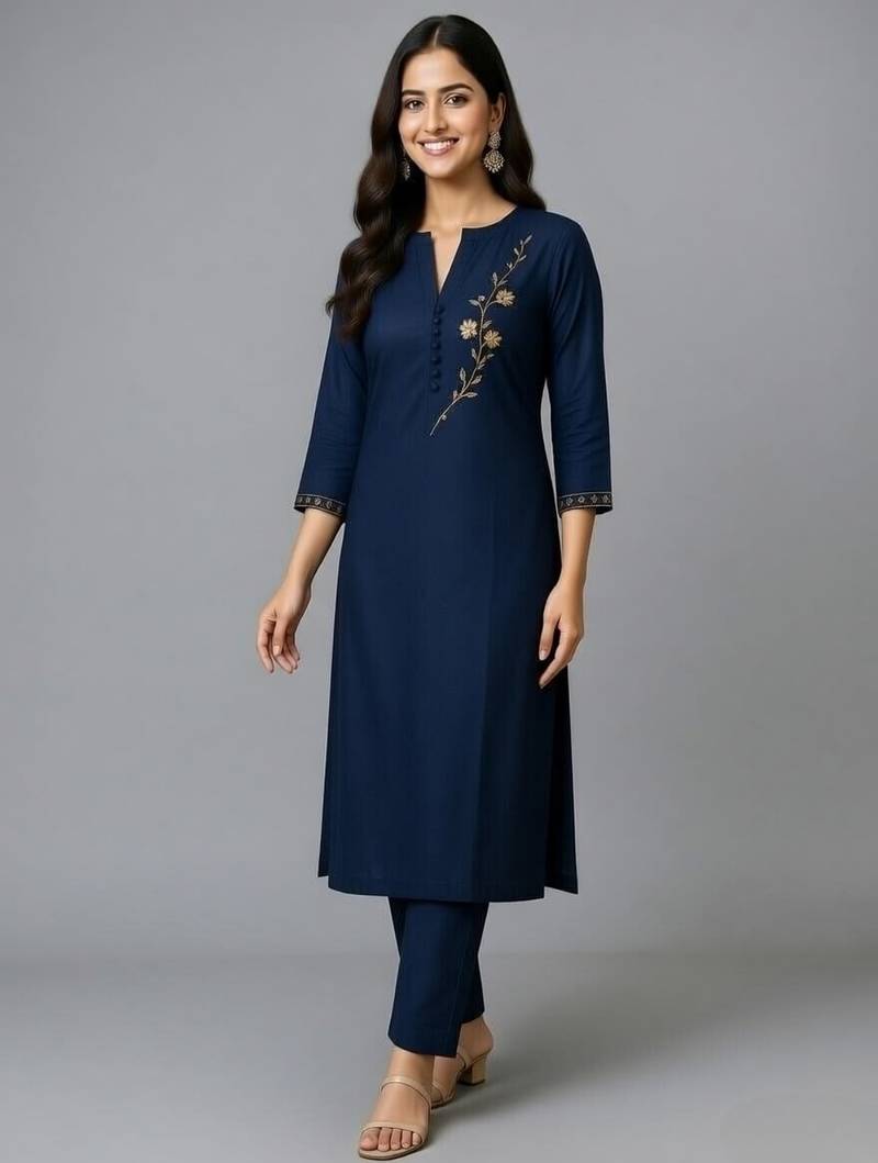 Navy embroidered rayon kurta set