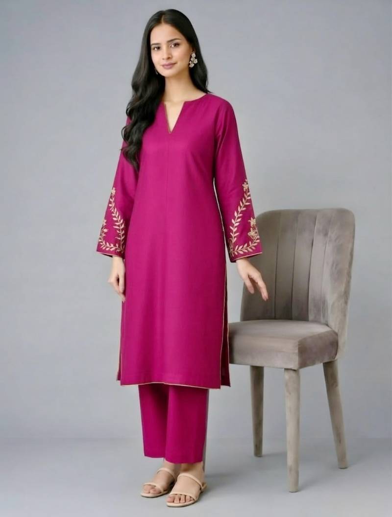 Pink embroidered rayon kurta set