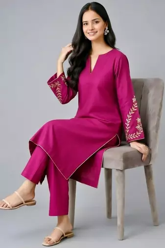 Pink embroidered rayon kurta set