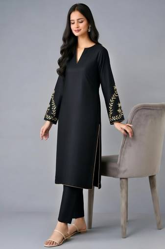 Black embroidered rayon kurta set