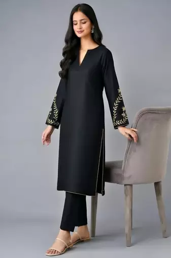 Black embroidered rayon kurta set