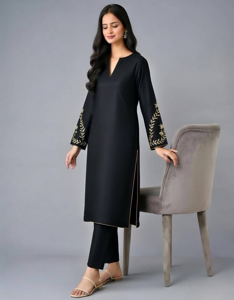 Black embroidered rayon kurta set