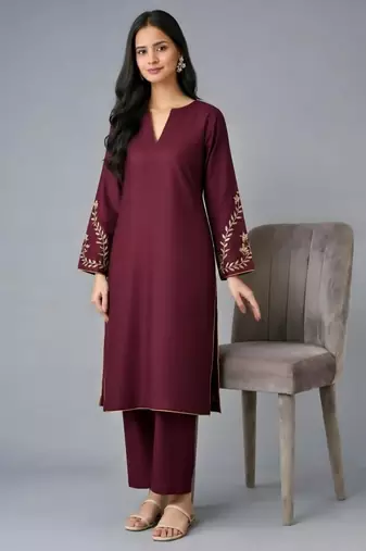 Maroon embroidered rayon kurta set