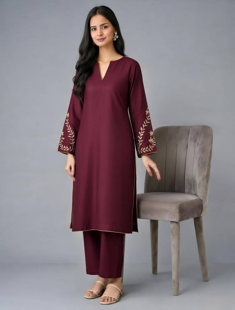 Maroon embroidered rayon kurta set