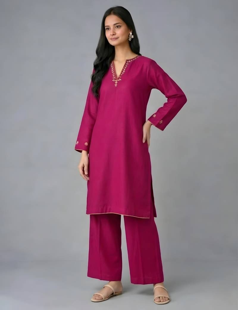 Pink embroidered rayon kurta set
