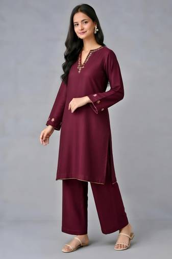 Maroon embroidered rayon kurta set