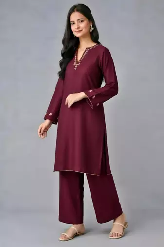 Maroon embroidered rayon kurta set