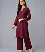 Maroon embroidered rayon kurta set