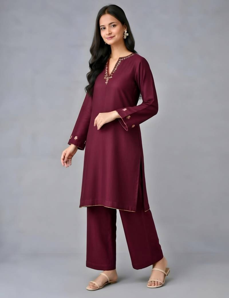Maroon embroidered rayon kurta set