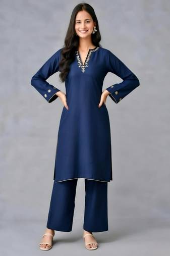 Navy embroidered rayon kurta set