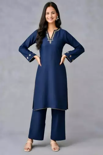 Navy embroidered rayon kurta set