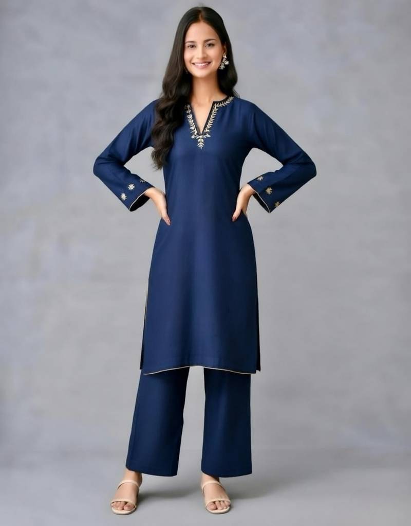 Navy embroidered rayon kurta set