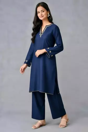 Navy embroidered rayon kurta set