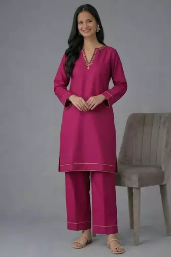 Pink embroidered rayon kurta set