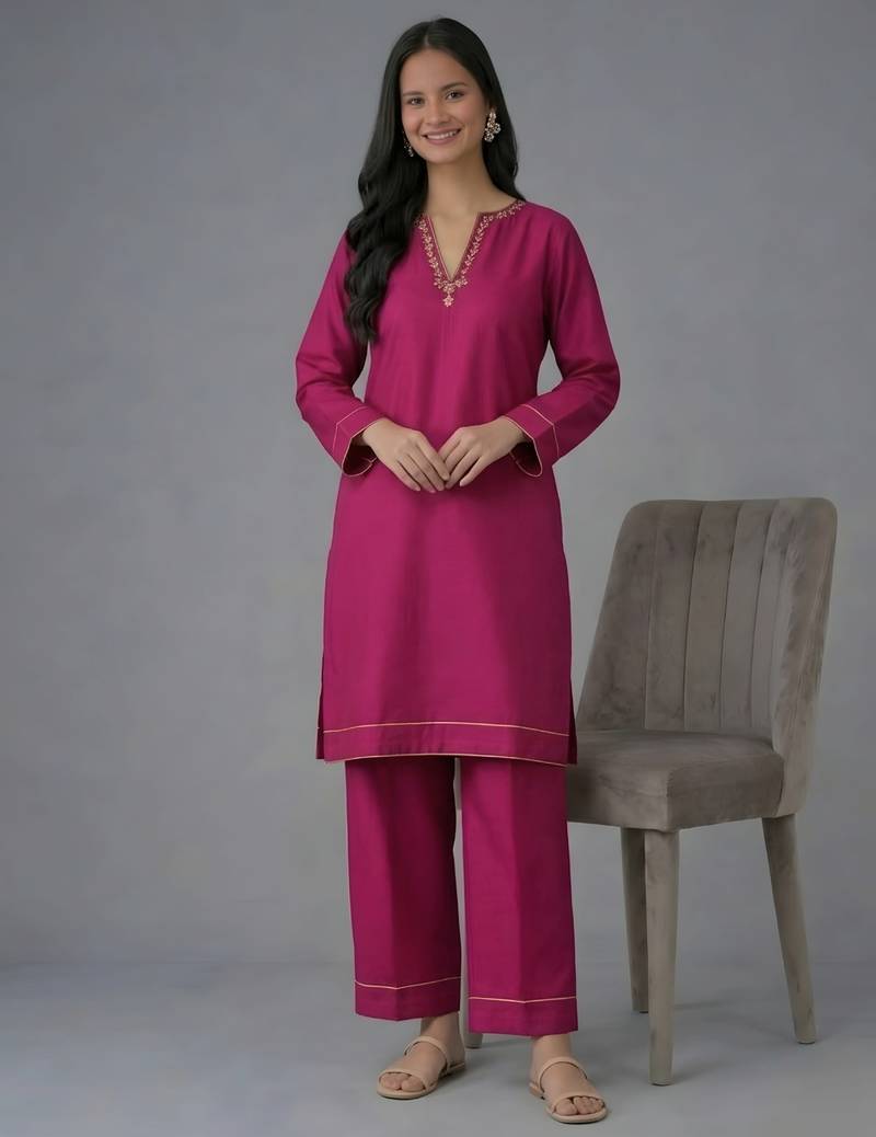 Pink embroidered rayon kurta set