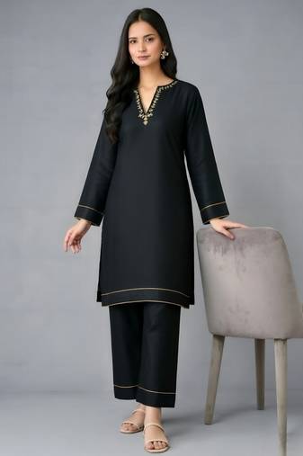 Black embroidered rayon kurta set
