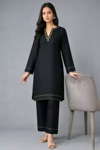 Black embroidered rayon kurta set