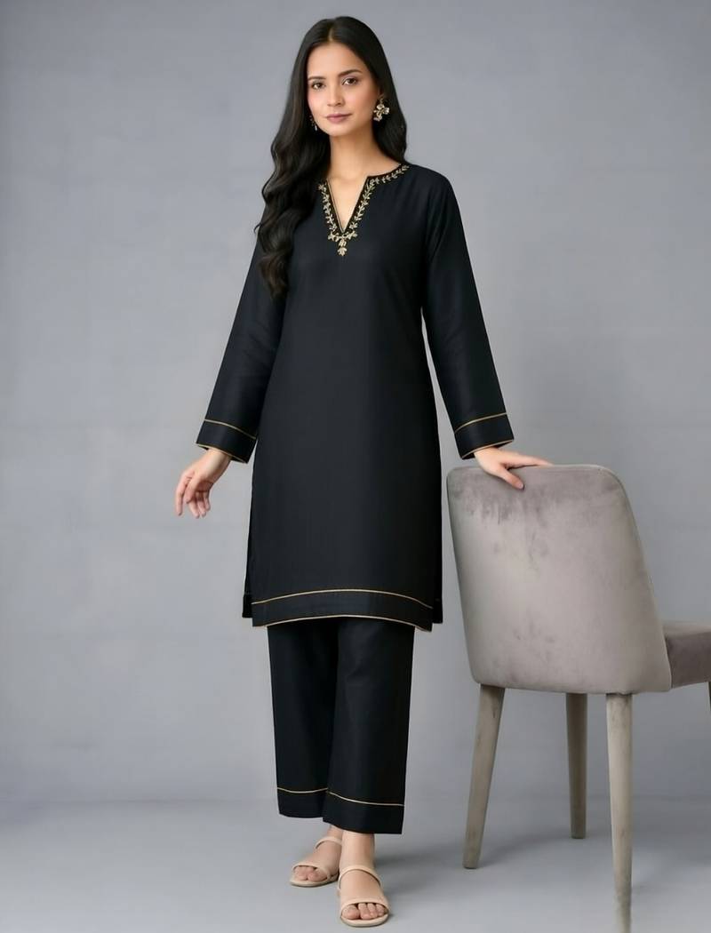 Black embroidered rayon kurta set
