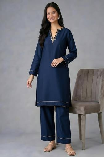 Navy embroidered rayon kurta set
