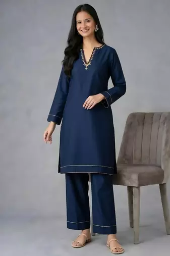 Navy embroidered rayon kurta set
