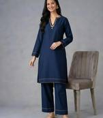 Navy embroidered rayon kurta set